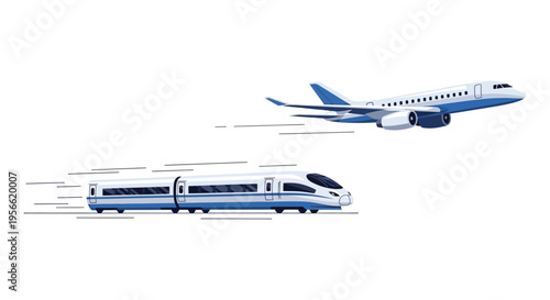 A depiction of a high speed train and airplane racing showcasing modern transportation methods in a stylized silhouette high quality professional detailed