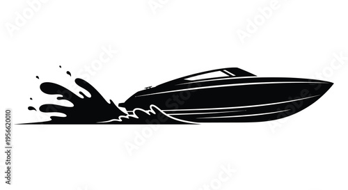 A dynamic black silhouette of a speedboat cutting through water creating a splash and sense of motion silhouette high quality professional