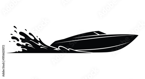 A dynamic black silhouette of a speedboat cutting through water leaving a splashing wake behind it silhouette high quality professional detailed
