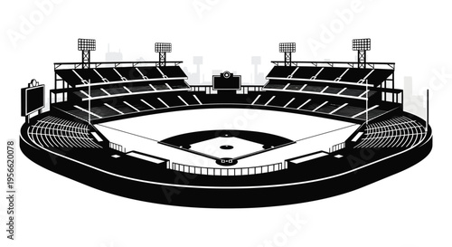 A striking black and white illustration depicts a baseball stadium with detailed architecture presented as a silhouette high quality professional modern