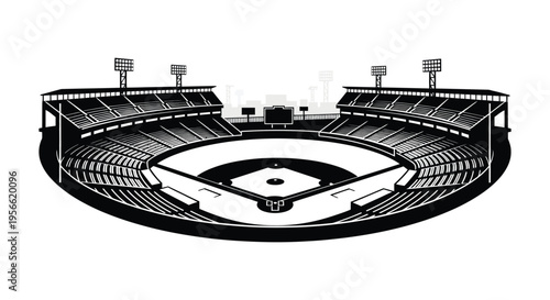 A striking black and white illustration depicts a baseball stadium from an elevated perspective showcasing its detailed structure as a silhouette