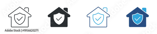 Home security icon set. House protection, safety and property insurance concept with shield symbol. Vector illustration.