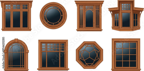 Set of diverse wooden windows in classic and modern architectural styles with intricate frames and glass panes suitable for architectural design home renovation or graphic illustration projects