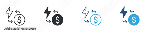 Energy cost icon set. Electricity price, power consumption and financial impact concept with lightning and dollar symbol. Vector illustration.