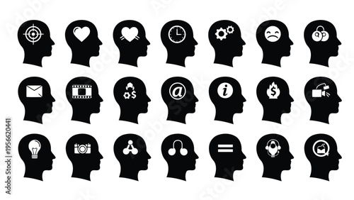 Diverse group of stylized silhouettes with varying hairstyles and headwear Vector