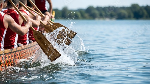 Dragon boat team paddling vigorously on a lake during festival  