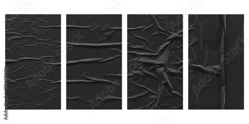 Set of four crumpled black paper textures with realistic wrinkles and folds for dark moody poster mockup design