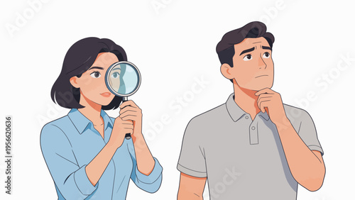 Two people with magnifying glass and thoughtful expression
