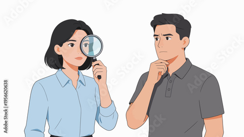 Two people with magnifying glass and thoughtful expression