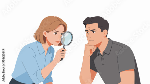 Woman with magnifying glass observing man