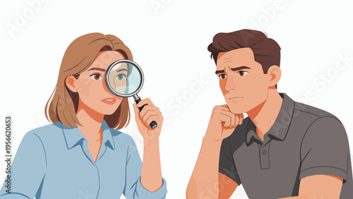 Man and woman with magnifying glass