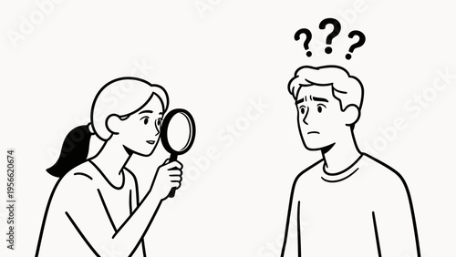 woman with magnifying glass looking at man