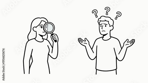 Two people with magnifying glass and question marks