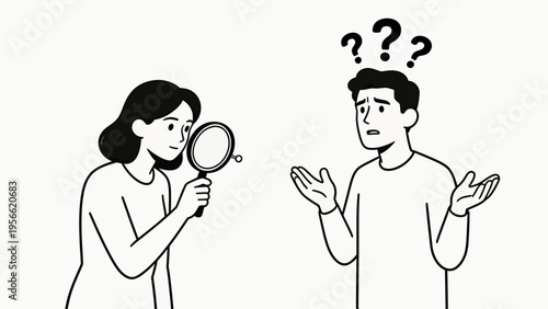 Man with question marks and woman with magnifying glass