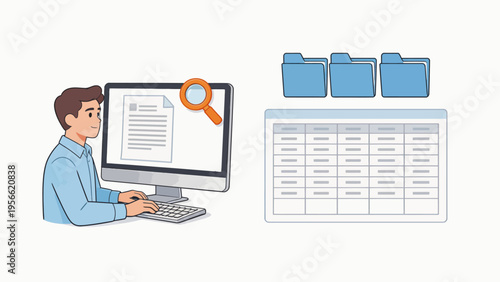Man working on computer with files and spreadsheet