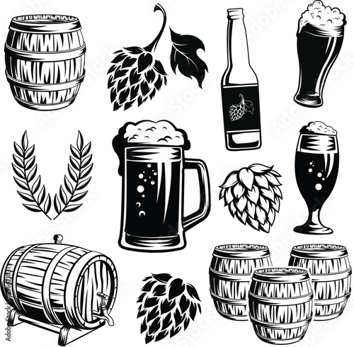 Vintage Craft Beer Brewery Icon Set Barrel Hops Mug Bottle Glass Vector Collection