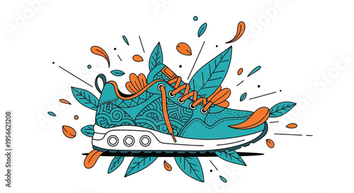 A vibrant sneaker illustration bursts with floral and leaf like elements