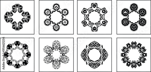 Collection of intricate black and white symmetrical vector patterns perfect for decorative design elements spiritual branding or unique logo creation isolated on white