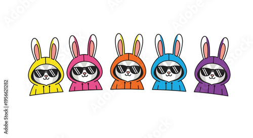 Five colorful cartoon rabbits wear sunglasses and hooded sweatshirts