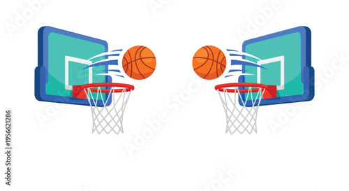 Two basketball hoops with orange balls in mid air a playful design