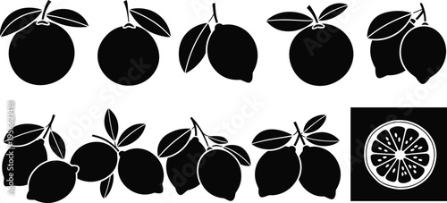 Black Citrus Fruit Silhouette Set with Lemon Orange Lime and Sliced Cross Section Vector Icons for Juice Branding Healthy Food Isolated on White Background