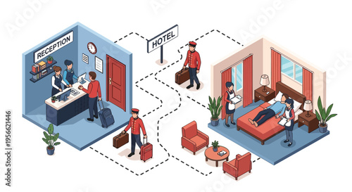 Isometric illustration of a hotel reception room service and guest room