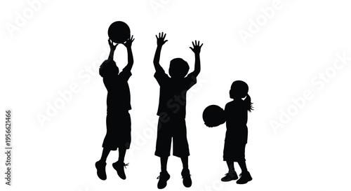 Three children silhouettes jump high attempting to score points during an energetic game of basketball on a plain white background.