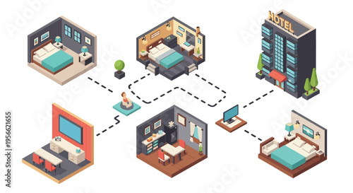 Isometric illustration depicting interconnected hotel rooms and building exterior