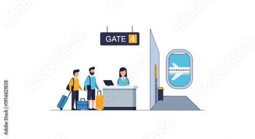 Two male passengers with luggage stand in line at an airport gate with an attendant and a window showing an airplane wing.