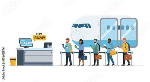 A diverse group of five passengers stands in a queue at an airport check-in counter with an airplane visible behind them.