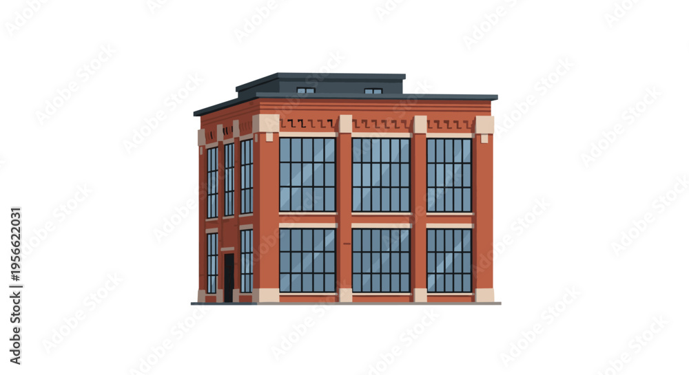 Fototapeta premium A three-story red brick building with large windows and a dark roof stands against a plain white background.