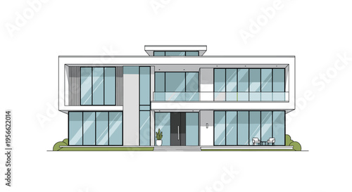 A two-story modern white house with expansive glass windows and a flat roof sits on a small patch of green grass.
