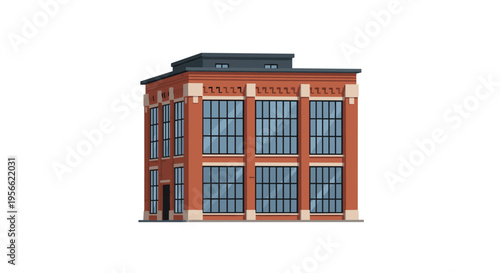 A three-story red brick building with large windows and a dark roof stands against a plain white background.