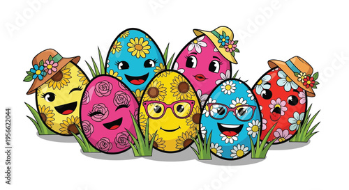 Cheerful easter eggs with faces and hats gather amongst green blades