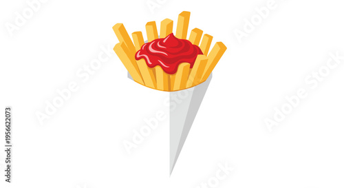 A serving of golden french fries in a white conical holder topped with red ketchup is presented on a plain white background.