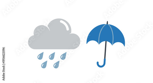 A gray rain cloud with raindrops and a closed blue umbrella are depicted side-by-side on a clean white background.