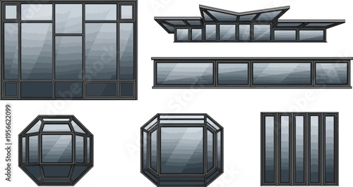 Modern architectural glass elements featuring various windows skylights and building facades ideal for construction and urban design projects