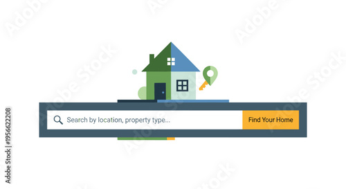 A stylized house icon with a key is positioned above a search bar for finding homes, all on a white background.
