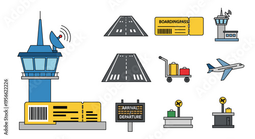 Various airport and travel related icons, including control towers, runways, boarding passes, and luggage, are arranged on a white background.