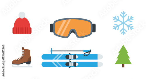 Winter sports and cold weather items, including a hat, goggles, skis, an ice skate, and a snowflake, are displayed on a white background.