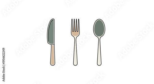 A knife, a fork, and a spoon with light green and beige accents are neatly aligned on a clean white background.