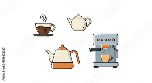 Various coffee and tea making items, including a steaming cup, teapots, a kettle, and an espresso machine, are arranged on a white surface.