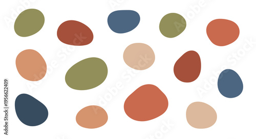 Fifteen irregular, smooth-edged shapes in earthy and muted tones are scattered across a solid white background.