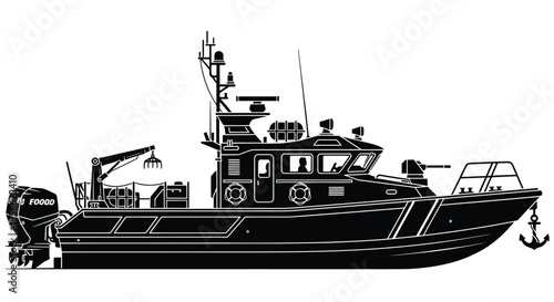 Commercial Fishing Boat Black Silhouette Vector, Marine Patrol Vessel Side View Isolated White Background Illustration