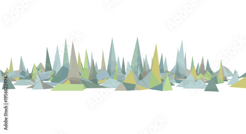 A landscape of numerous low-polygon, pointed spikes or pyramids in muted shades of green, blue, and yellow rises from a flat base against a white background.
