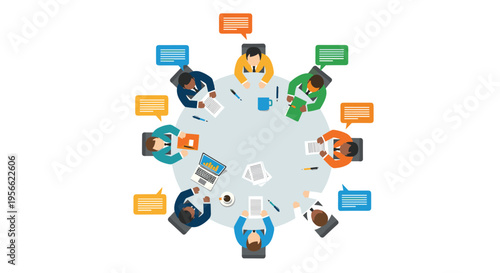 Nine diverse individuals sit around a circular grey table with laptops and papers, each having a colorful speech bubble, on a white background.