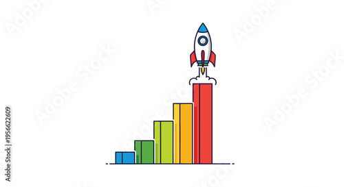 A red and white rocket launches from the top of a colorful five-bar chart with increasing heights on a white background.