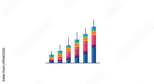Five progressively taller stacked bar charts with multiple colorful segments are arranged in an ascending sequence on a white background.