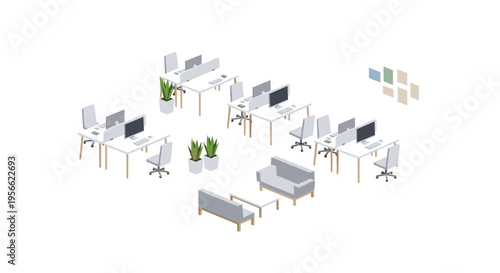 An isometric view of an open-plan office space with desks, chairs, computers, plants, and sofas is depicted on a white background.