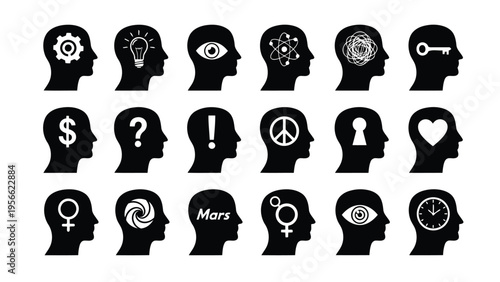 Array of diverse silhouettes showcasing various headwear and hairstyles in black and white Vector